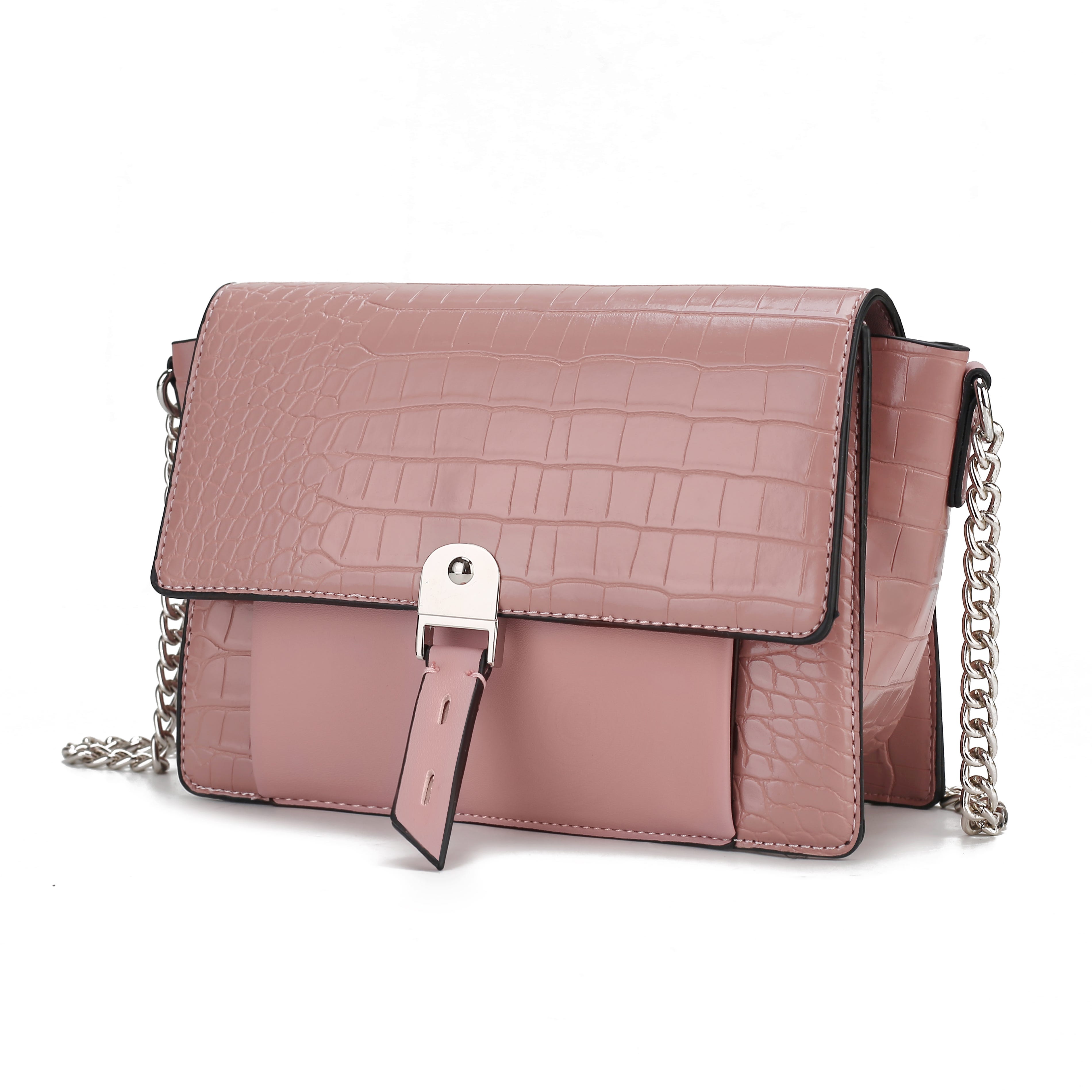 Pink faux crocodile leather handbag with a flap closure and silver chain strap.