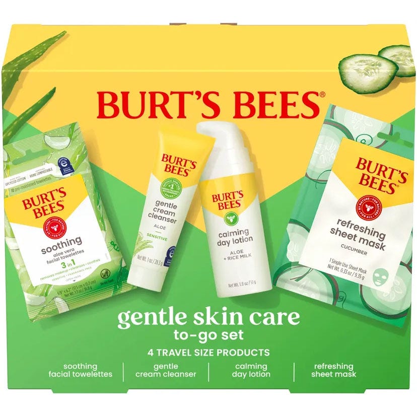 Burt's Bees Gentle Skin Care To-Go Set includes four travel-size products: soothing facial towelettes, gentle cream cleanser, calming day lotion with aloe and rice milk, and a refreshing sheet mask with cucumber.