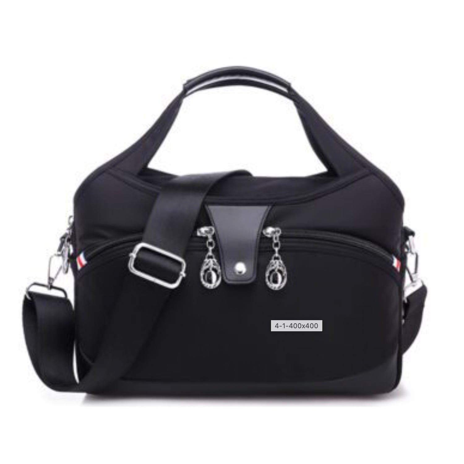 Black shoulder bag with silver hardware and adjustable strap.