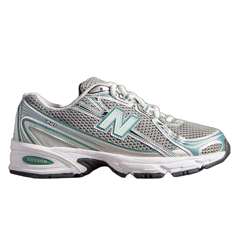 New Balance sneaker with a grey mesh upper, light blue accents, and a white midsole featuring ABZORB cushioning technology.