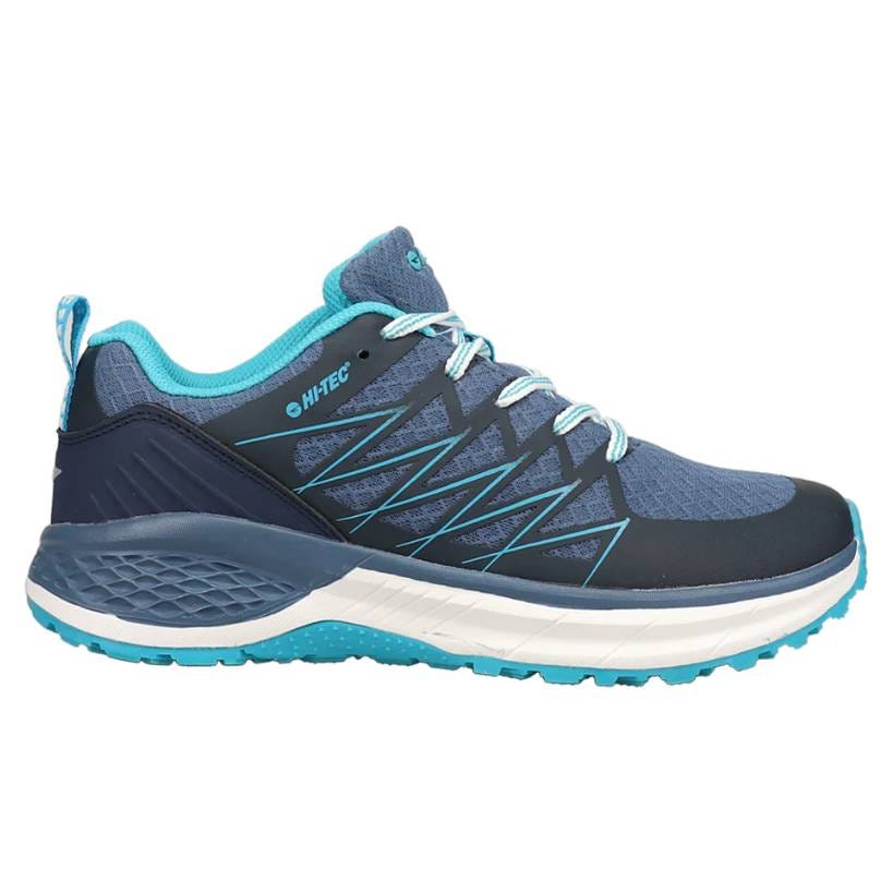 Hi-Tec Trail Running Shoes with a blue and teal color scheme feature a cushioned sole, breathable mesh upper, and lace-up design for support and comfort.