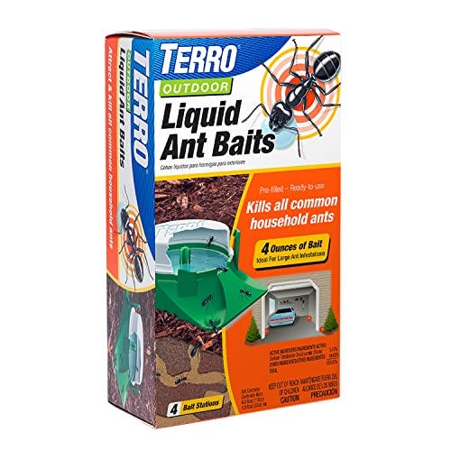 A box of Terro Outdoor Liquid Ant Baits with a picture of ant baits and an illustration showing how they are used, claiming to kill common household ants.