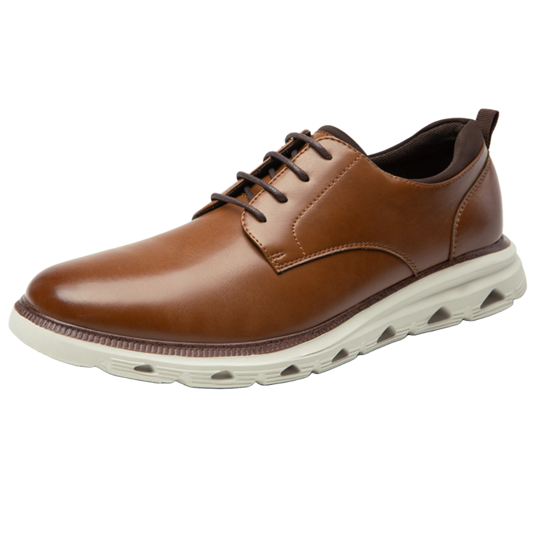 Brown leather lace-up shoe with a sleek design, featuring a contrasting white sole and breathable perforations.