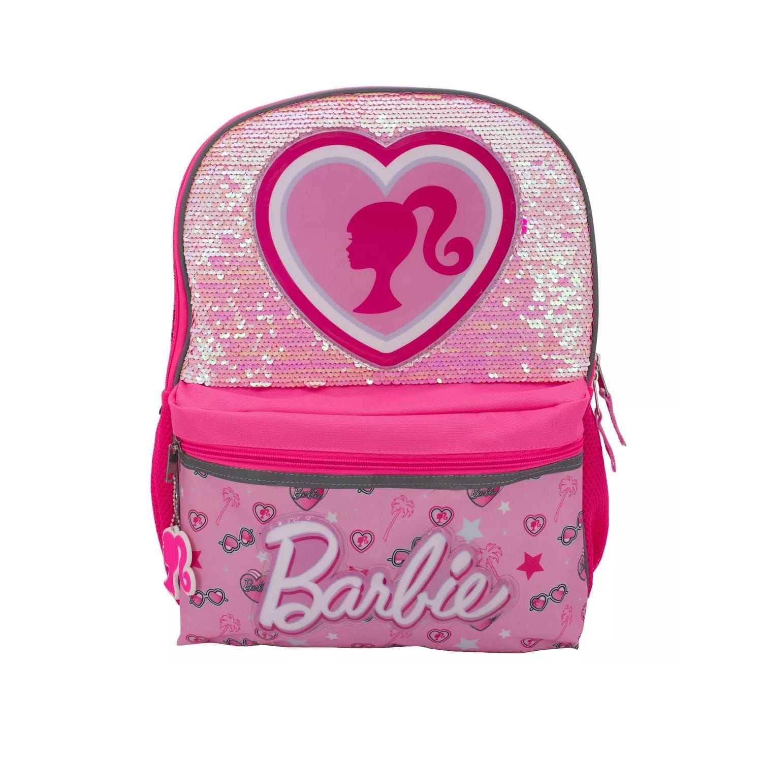 Pink backpack with \“Barbie\“ branding, featuring a heart-shaped design with a silhouette and sequin details, ideal for fans of the character.