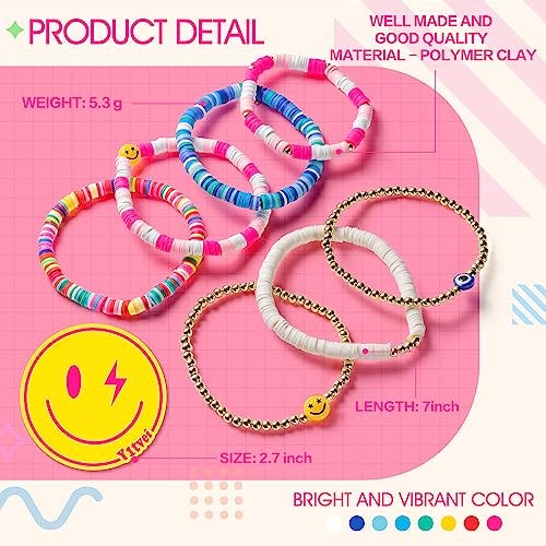 A set of seven colorful bracelets featuring a mix of patterns and accents including a lightning bolt charm, smiley face beads, and an evil eye bead. Weight: 5.3g; Length: 7 inches; Size: 2.7 inches.