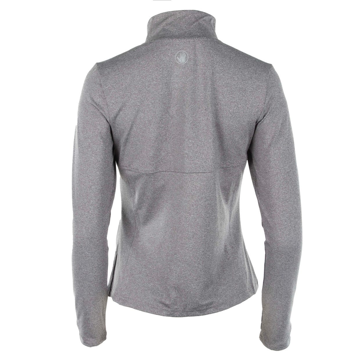 Heather gray full-zip jacket with long sleeves and a high collar, featuring a small circular logo on the back just below the neckline.