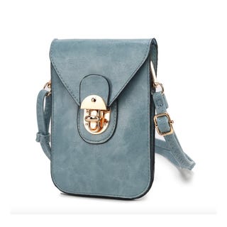 A teal blue crossbody purse with a flap closure and gold-tone hardware.