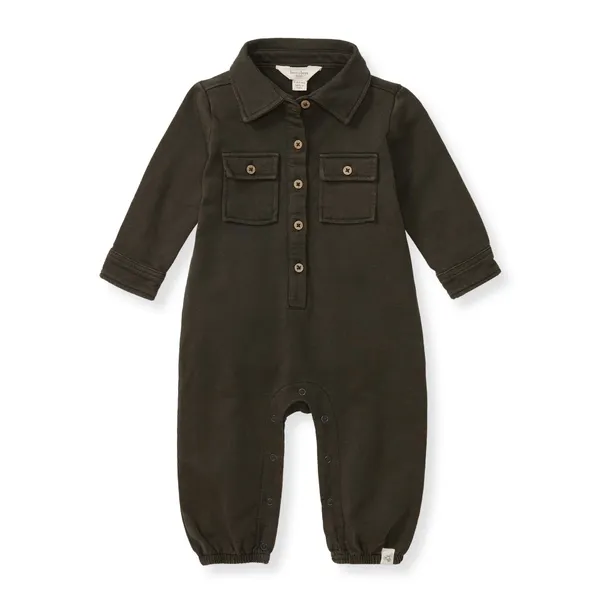 Dark olive green baby jumpsuit with long sleeves, button-up front, collar, chest pockets, and snap closures at the legs for easy diaper changes.