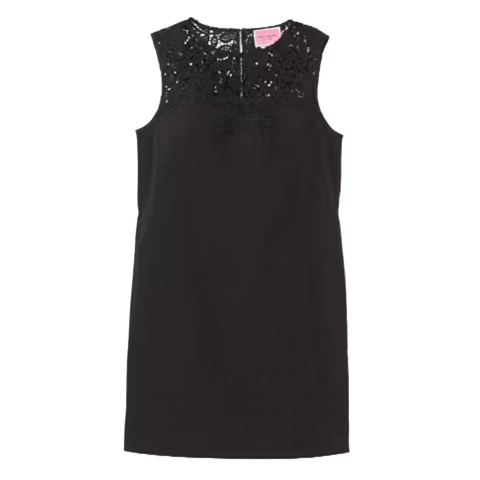 Sleeveless black dress with a lace overlay at the neckline, featuring a straight silhouette and a zip closure at the back.