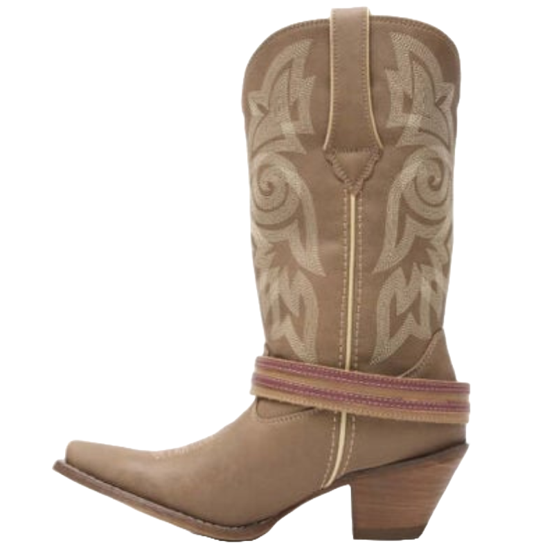 The Crush by Durango Women's Western Boot features a light brown leather finish with decorative stitching, a pointed toe, and a stacked heel. The boot is accented with a pink strap, adding a touch of color to the classic design.