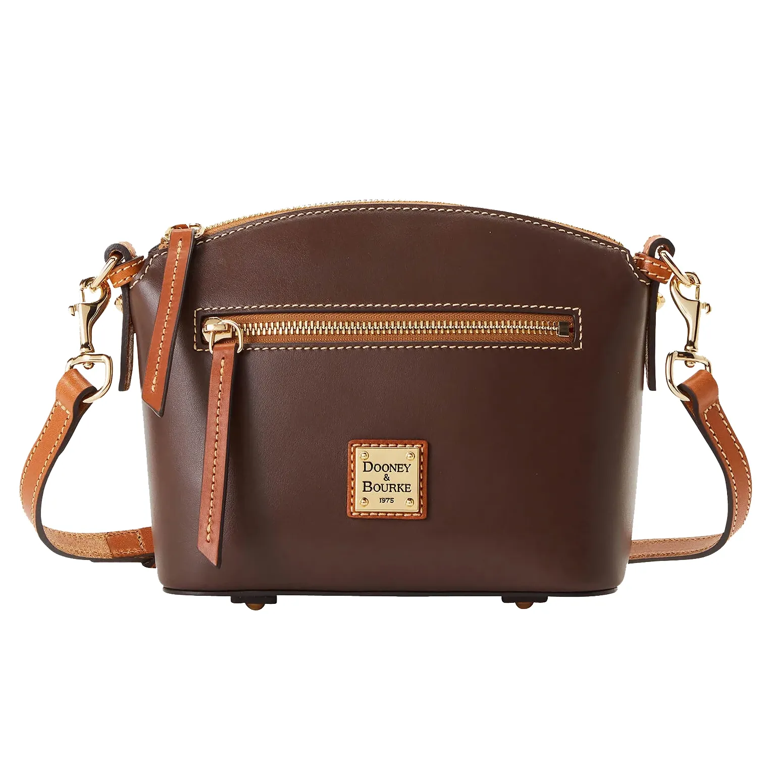 A brown leather crossbody bag with a front zipper pocket and a tan strap.