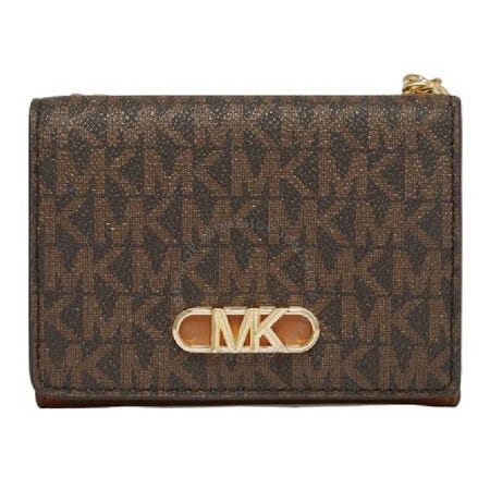 A brown wallet with a repeating \“MK\“ logo pattern and a gold-tone \“MK\“ emblem, featuring a fold-over design and a chain detail.