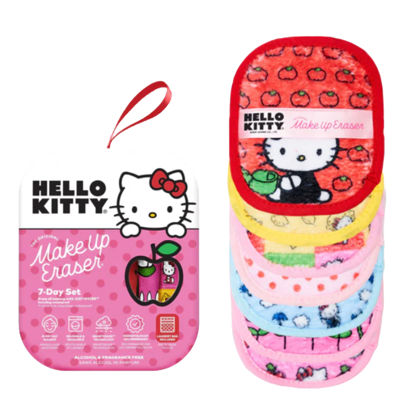 Hello Kitty-themed Makeup Eraser 7-day set includes colorful, reusable cloths for removing makeup with just water. Alcohol and fragrance-free, the set features different designs with a convenient laundry bag.
