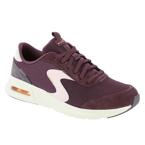 A burgundy sneaker with a pink accent, mesh upper, and white sole featuring an air cushion detail, suitable for casual wear.