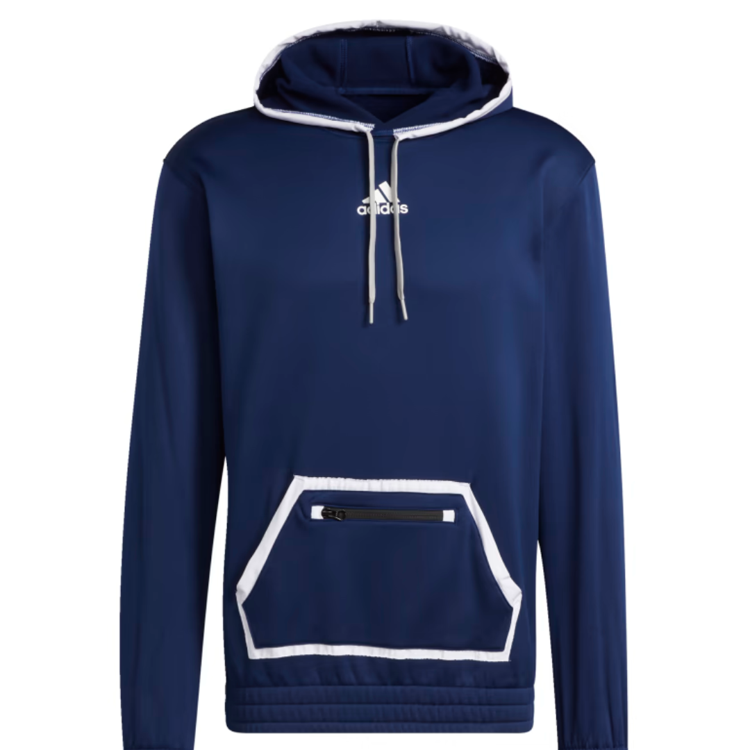 A navy blue hoodie with white detailing, a front kangaroo pocket with zipper, and an adjustable hood.