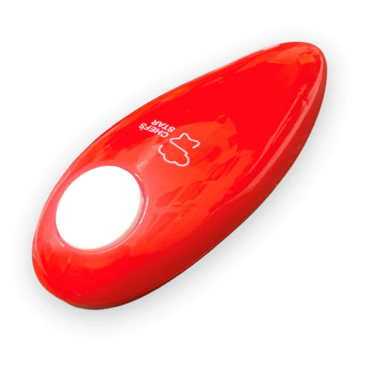 Red, egg-shaped hand warmer with a white circular area in the center.