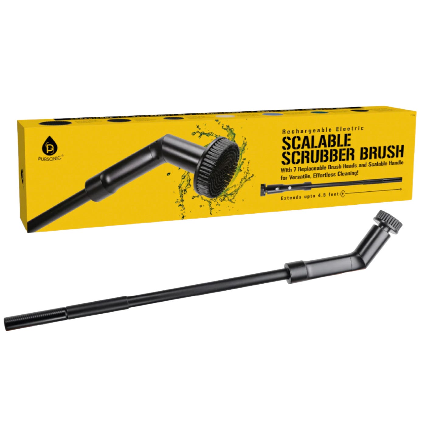 Rechargeable electric scalable scrubber brush with a scalable handle extending up to 4.5 feet, includes 7 replaceable brush heads, designed for versatile and effortless cleaning.
