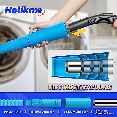 Blue plastic hose designed for dryer vent cleaning, with an adapter that attaches to most vacuum cleaner hoses to remove lint and debris.