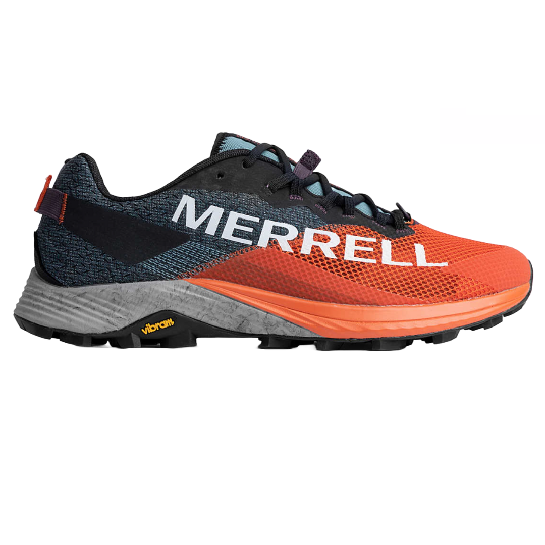 Merrell MTL Long Sky 2 Shoes are trail running sneakers featuring a breathable orange and black mesh design with a Vibram sole for enhanced grip, designed for rugged terrain.