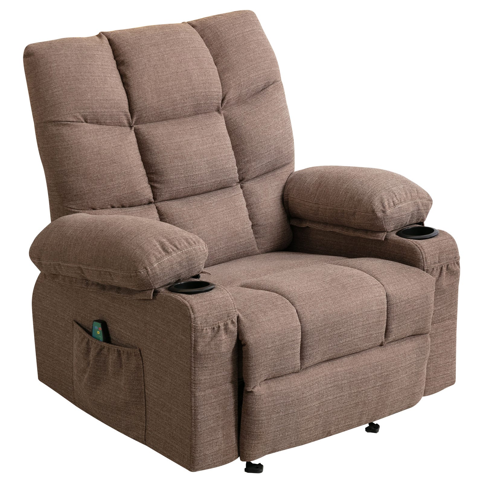 A brown recliner with a plush backrest and seat, featuring built-in cup holders and side pockets, and a remote for heat and USB functionality.