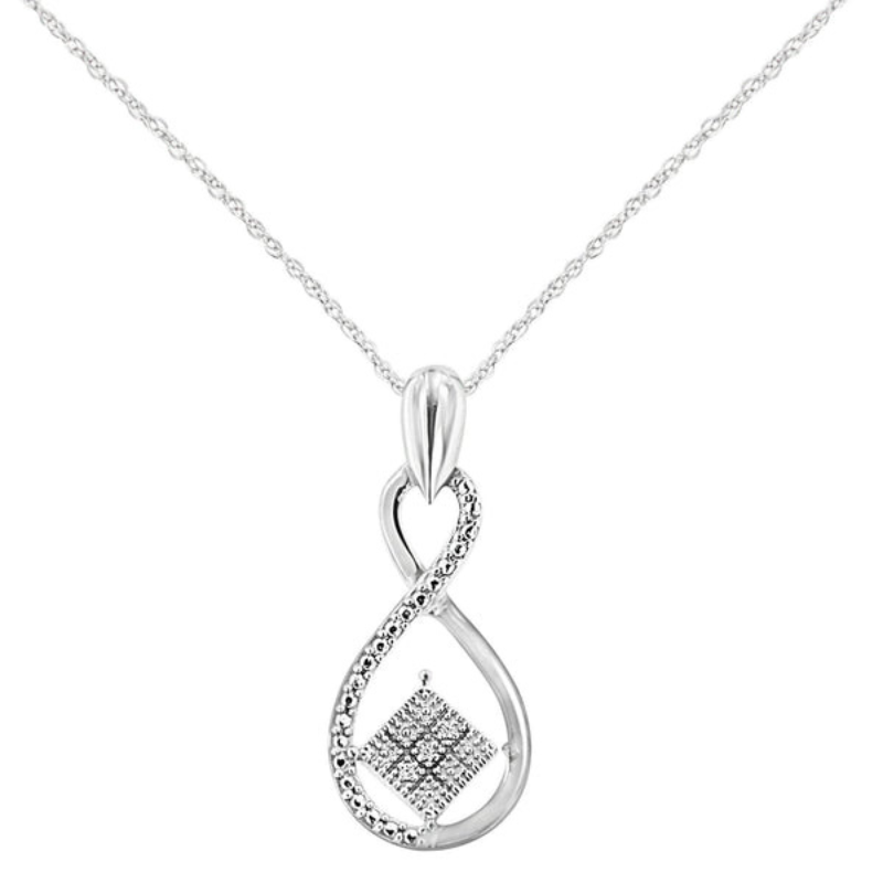 A silver infinity pendant features a swirl design adorned with small round cut diamonds and a diamond-studded geometric shape at the bottom, hanging from a delicate chain.
