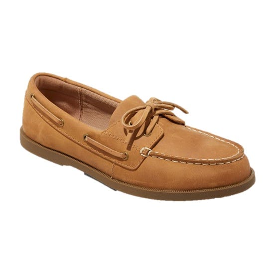 Tan leather boat shoe with lace-up design, contrast stitching, and slip-resistant rubber sole. Ideal for casual wear.