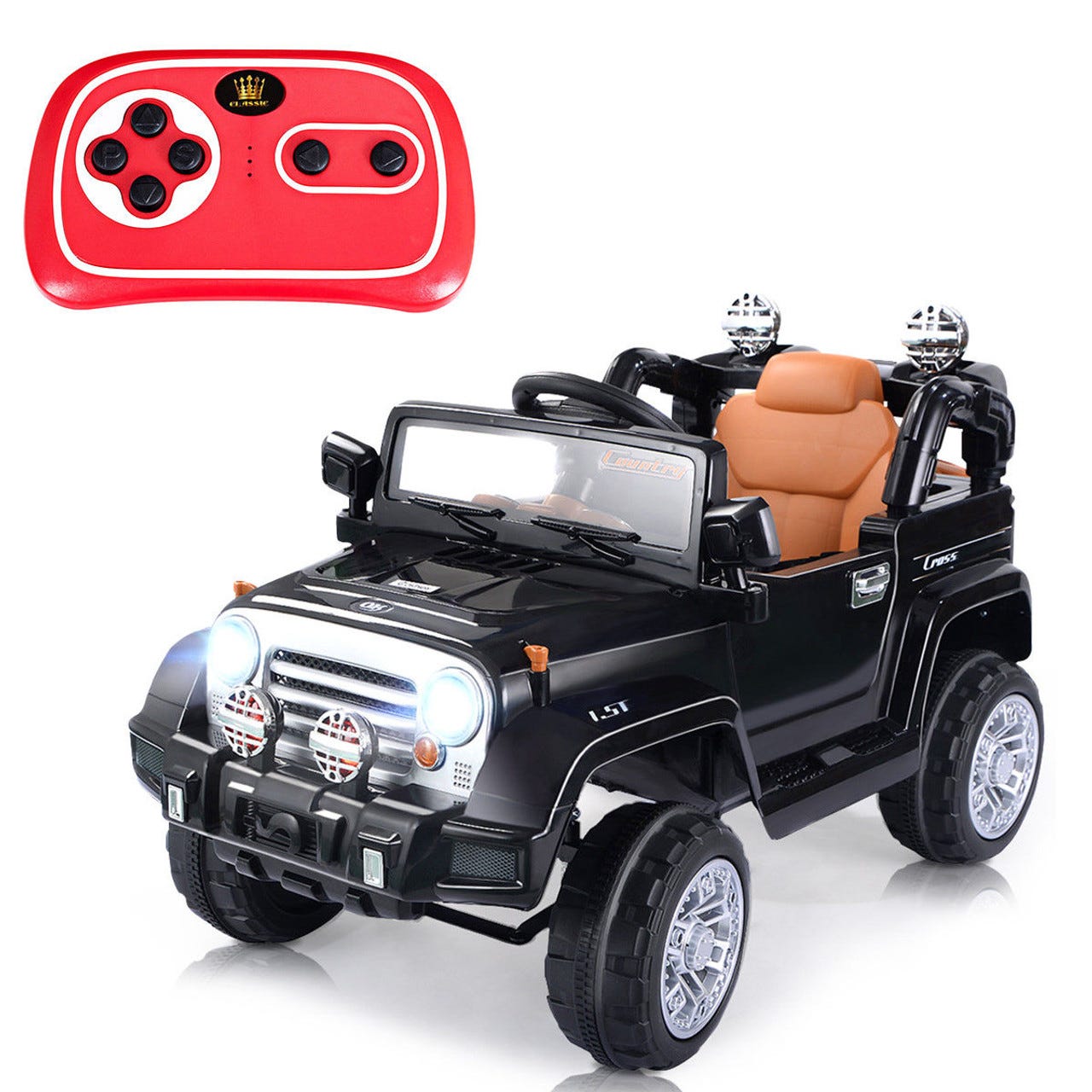 A toy ride-on car with a remote control.