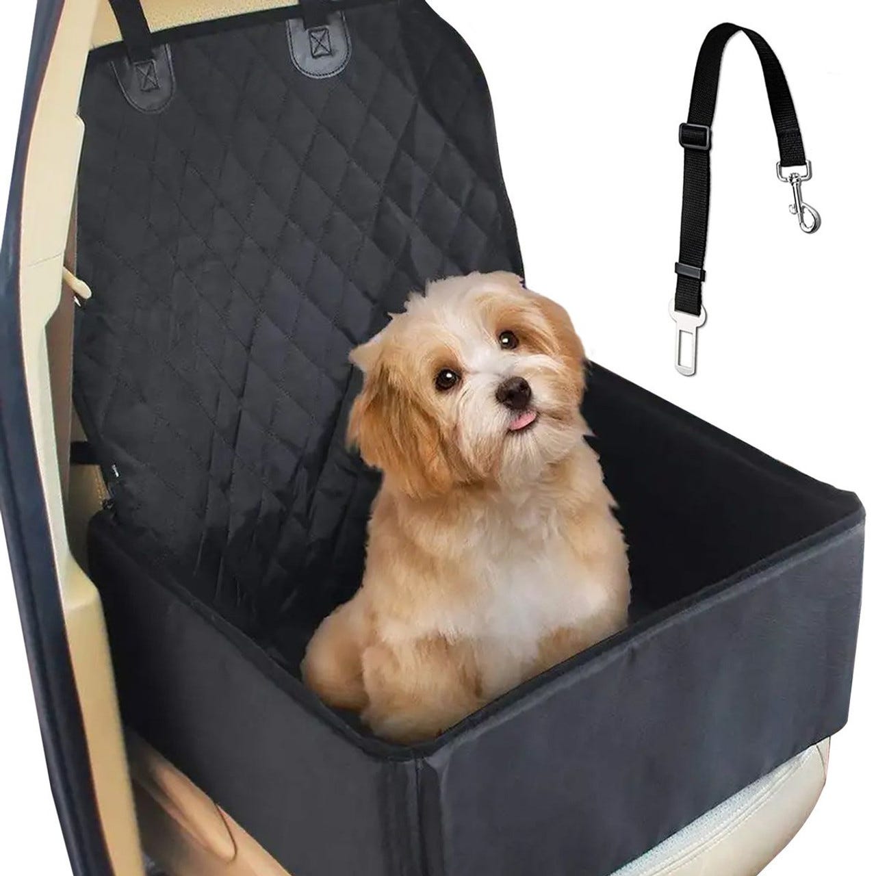 A dog is sitting in a black quilted car seat cover designed for pets, with an adjustable safety leash included to one side.