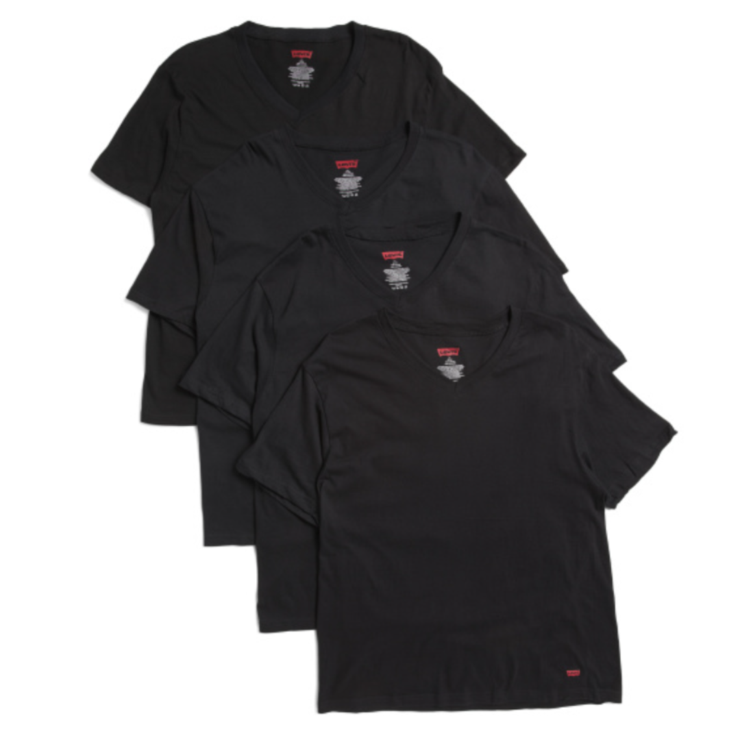 Four black V-neck T-shirts are stacked, each featuring visible tags and a red logo on the hem.