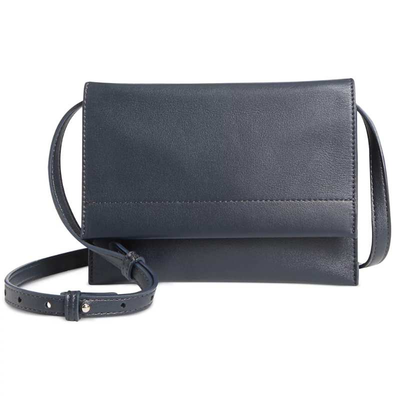 Navy blue leather crossbody bag with an adjustable strap and a simple, minimalist design.