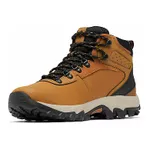A pair of Columbia hiking boots with a mid-height ankle design, featuring a tan leather upper, black laces, and a two-tone gray and black sole.