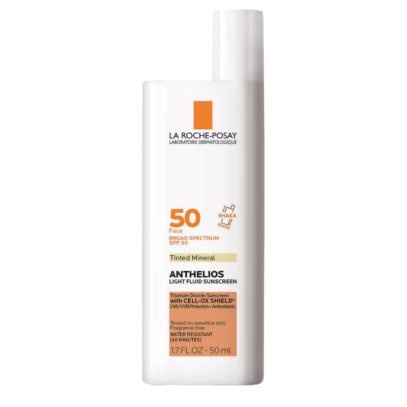 La Roche-Posay Anthelios Tinted Mineral Light Fluid Sunscreen features SPF 50 for broad-spectrum UVA/UVB protection. It's fragrance-free, suitable for sensitive skin, water-resistant for 40 minutes, and contains antioxidants.
