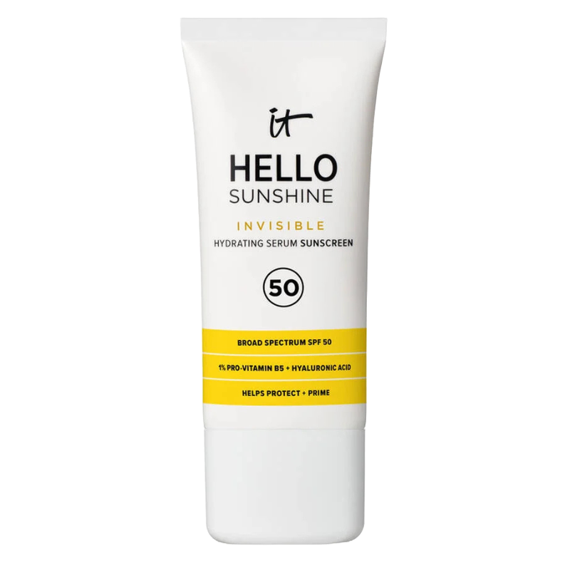 IT Cosmetics Hello Sunshine Invisible Hydrating Serum Sunscreen, SPF 50, features broad spectrum protection with 1% pro-vitamin B5 and hyaluronic acid, designed to help protect and prime the skin.