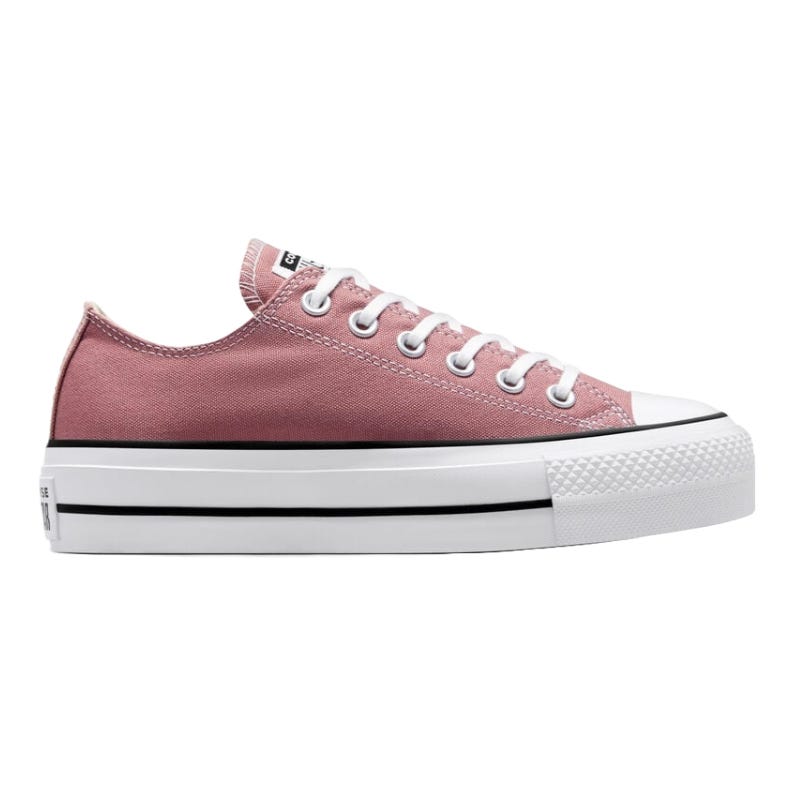 Pink low-top platform canvas sneaker with white laces, white rubber sole, and black accents.