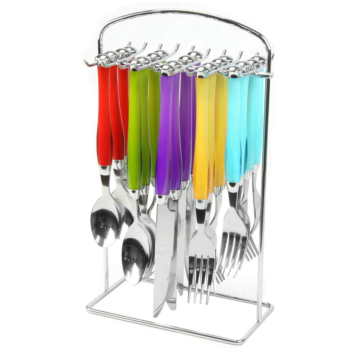 20-piece flatware set with colorful handles (red, green, purple, yellow, blue) includes spoons, forks, and knives hanging on a metal rack.