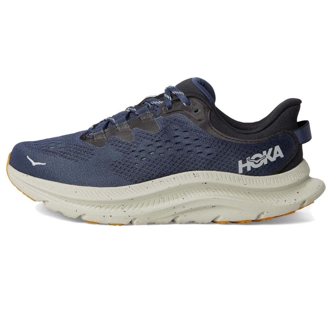 A blue Hoka running shoe with a breathable mesh upper, cushioned white sole, and orange accents.