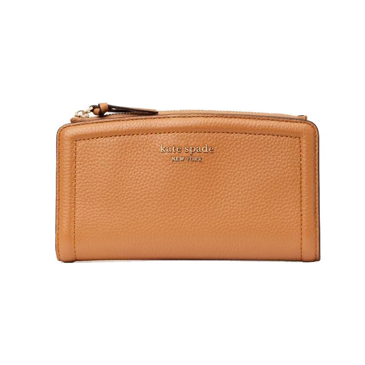 A tan leather zippered wallet with a brand name embossed on the front.