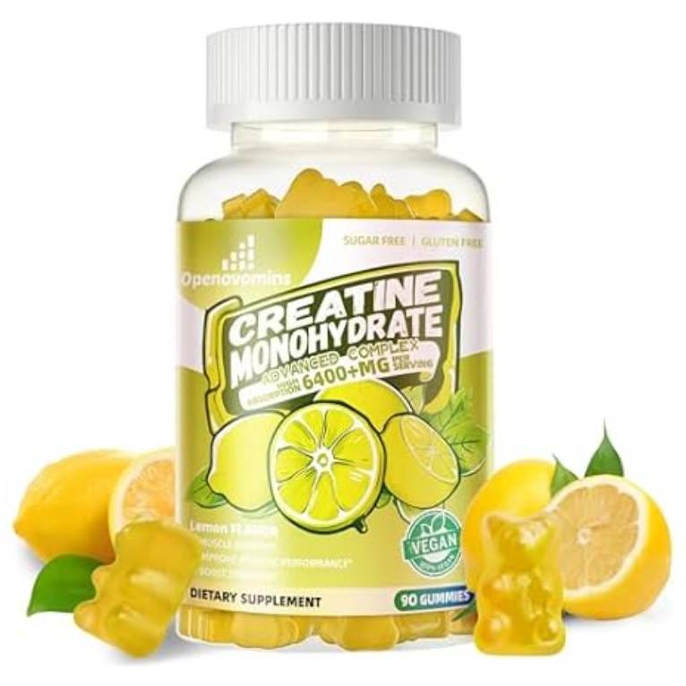 Bottle of lemon-flavored creatine monohydrate gummies, sugar-free, gluten-free, vegan, with 6400+ mg per serving, containing 90 gummies.