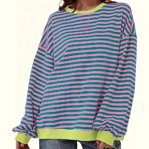 Striped long-sleeve sweater with blue, pink, and green hues and ribbed yellow cuffs and hem.