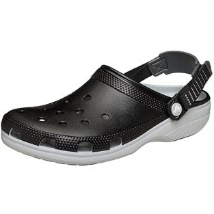 A black and gray clog-style shoe with ventilation holes and an adjustable heel strap.