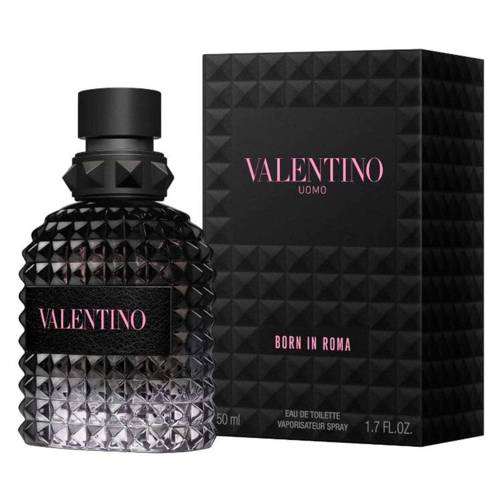 Valentino Uomo Born in Roma Eau de Toilette Spray features a studded black bottle and packaging, with pink branding, indicating a 50 ml (1.7 fl. oz.) size.