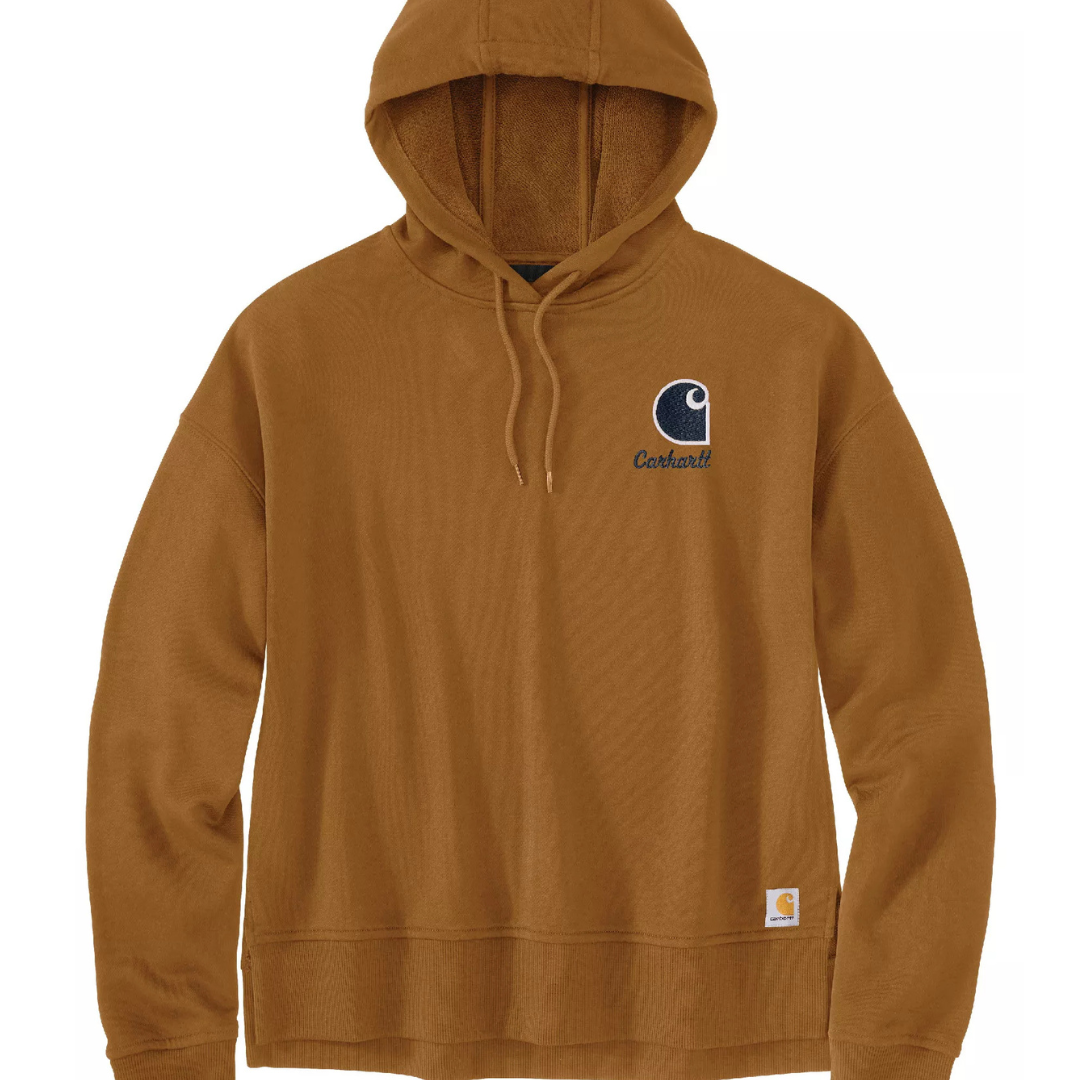 A brown Carhartt hoodie with a drawstring hood and embroidered logo on the chest, featuring a small logo tag on the hem.