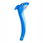 This is an inflatable pool noodle designed to look like a blue dolphin, featuring a cartoonish head with eyes and a smiling mouth at one end.