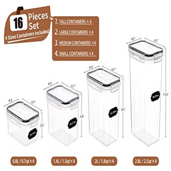 A set of 16 clear plastic food storage containers in four sizes with airtight lids, including four each of 0.8L, 1.4L, 2L, and 2.8L containers.