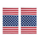 Two kitchen towels designed with a motif resembling the American flag, one depicting the stars and the other showing the stripes.