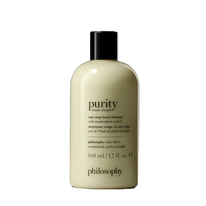 Purity Made Simple One-Step Facial Cleanser by Philosophy is a 360 ml (12 fl. oz.) bottle featuring meadowfoam seed oil, designed for simple and effective facial cleansing.
