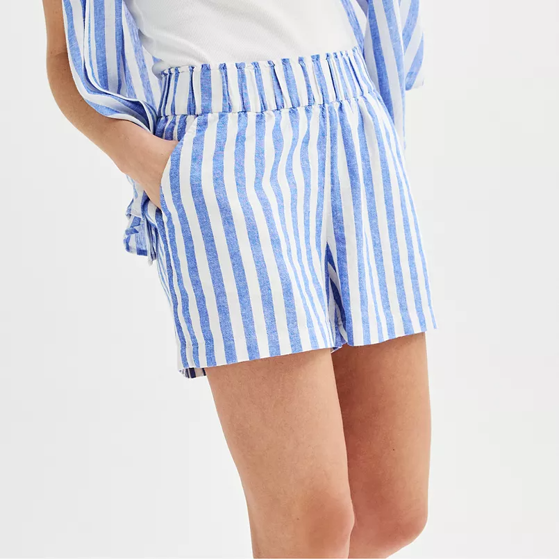 Blue and white striped shorts with a tie waist.
