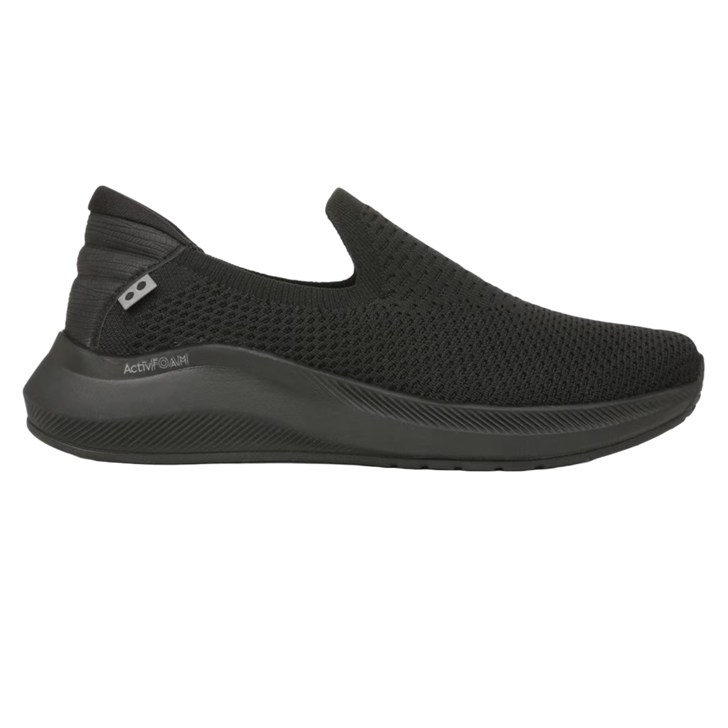 Black slip-on shoes featuring a knit upper, a small logo on the side, and a thick, cushioned sole with \“ActivFoam\“ text.