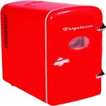 Red Frigidaire Mini Fridge with a vintage design, featuring a see-through window and a chrome handle.