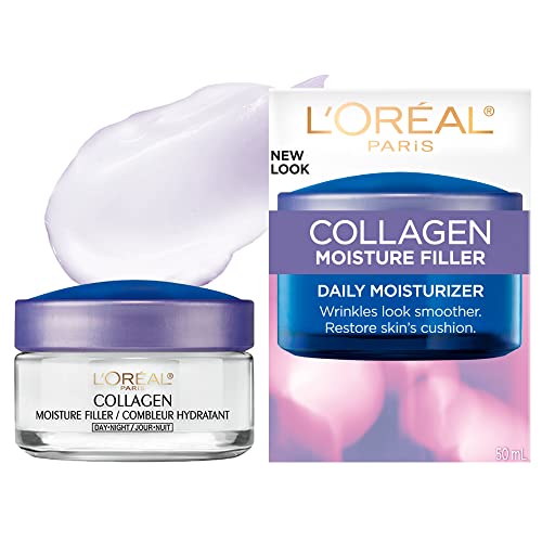 L'Oreal Paris Collagen Moisture Filler is a daily facial cream designed to smooth wrinkles and restore skin's cushion, showcased in a 50 mL jar next to a swatch of the white cream.